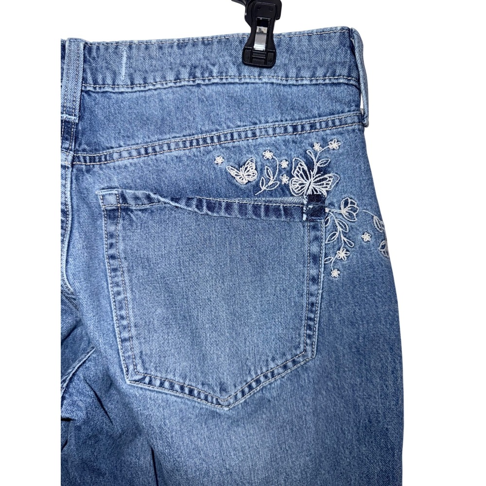 Hollister Low-Rise Baggy Jeans Blue Embroidered Butterfly Floral Raw Hem 8R W29